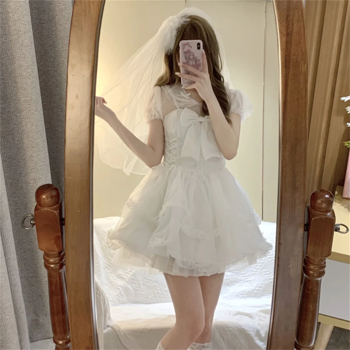 French Elegant Style Cosplay Lolita Jsk Gentle Girls Solid Color Wedding Mesh Ribbon Tunic  Backless Bowknot Lace Ruffle  Dress