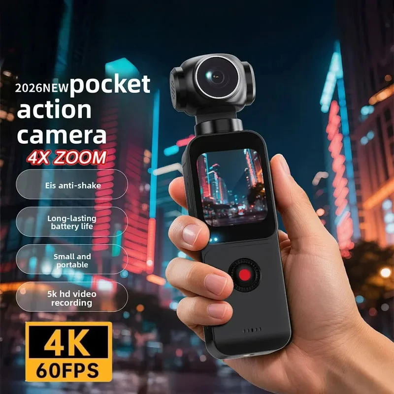 

4K Pocket Action Camera 270° Auto Rotatable Stabilization Touch Screen Sports DV Bodycam 4X Zoom Portable Digital Video Recorder