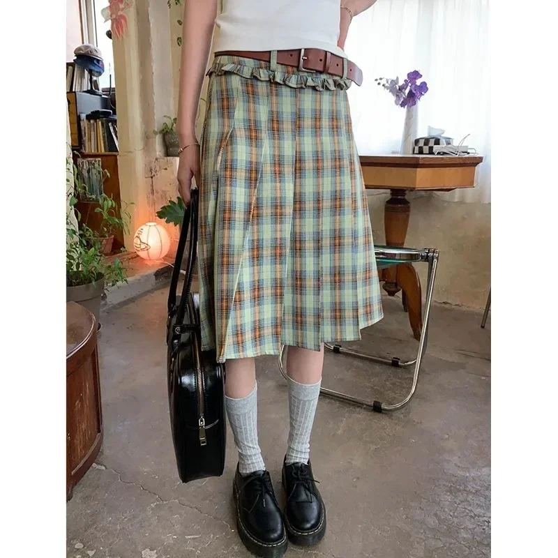 Miiiix Korean Fashion Summer High Waisted Sweet A-line Skirt 2024 Women's Autumn Slimming Green Plaid Skirts Female Clothing