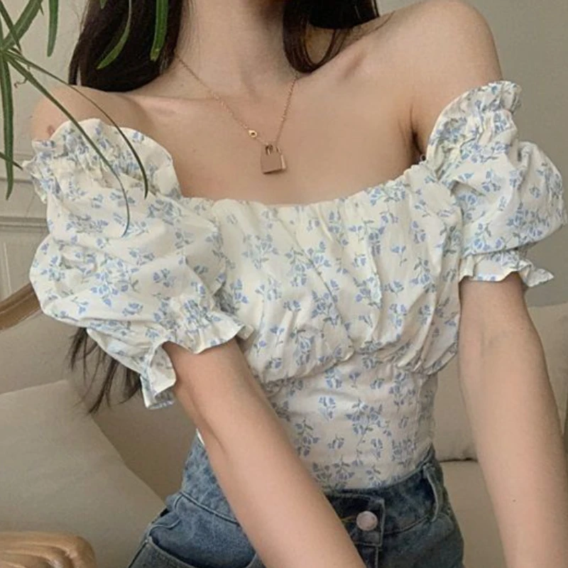 Floral Blouses Women Bandage Puff Sleeve Hotsweet Square Collar Crop Tops Fashion Summer Slim Streetwear Ulzzang Students Simple