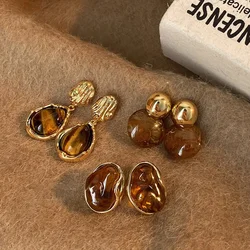 Vintage Brown Resin Tiger Eye Stone Dangle New Earrings For Women Fashion Silver Needle Earring Personality Melard Color Jewelry