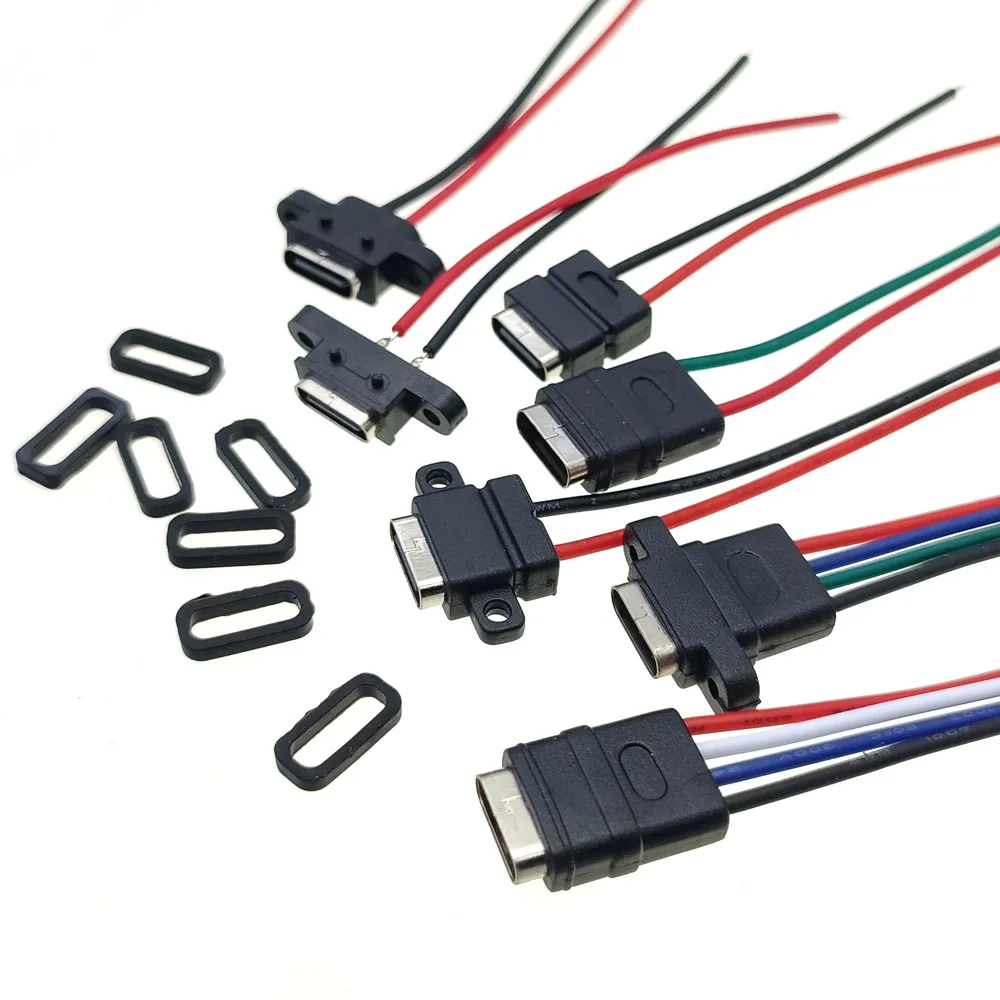 3-10pc USB-C 2/4/6pin Charging Connector  High Current Charging Socket With Rubber Ring Type-C Waterproof Female Connector Jack