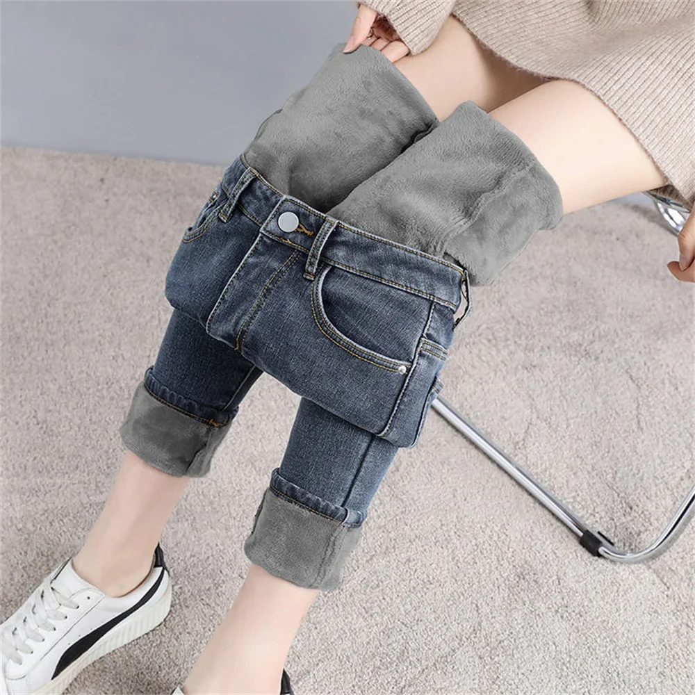 Winter Mid Waist Skinny Warm Jeans Women Plus Velvet Ankle Length Vaqueros Casual Thick Pencil Pants Basic Fleece Denim Trousers