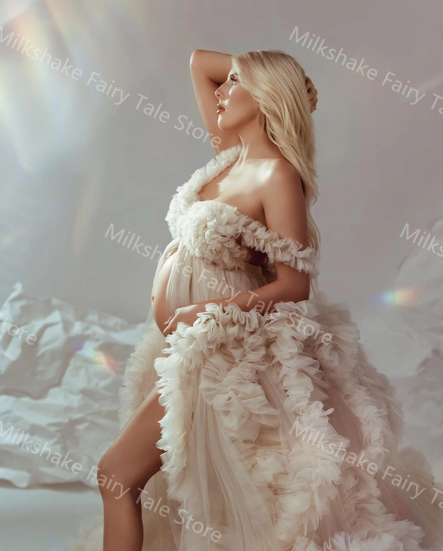 Sexy Ivory Tulle Maternity Robes for Photoshoot A Line Sweep Train Pregnant Women Dresses Tiered Ruffles Baby Shower Gowns