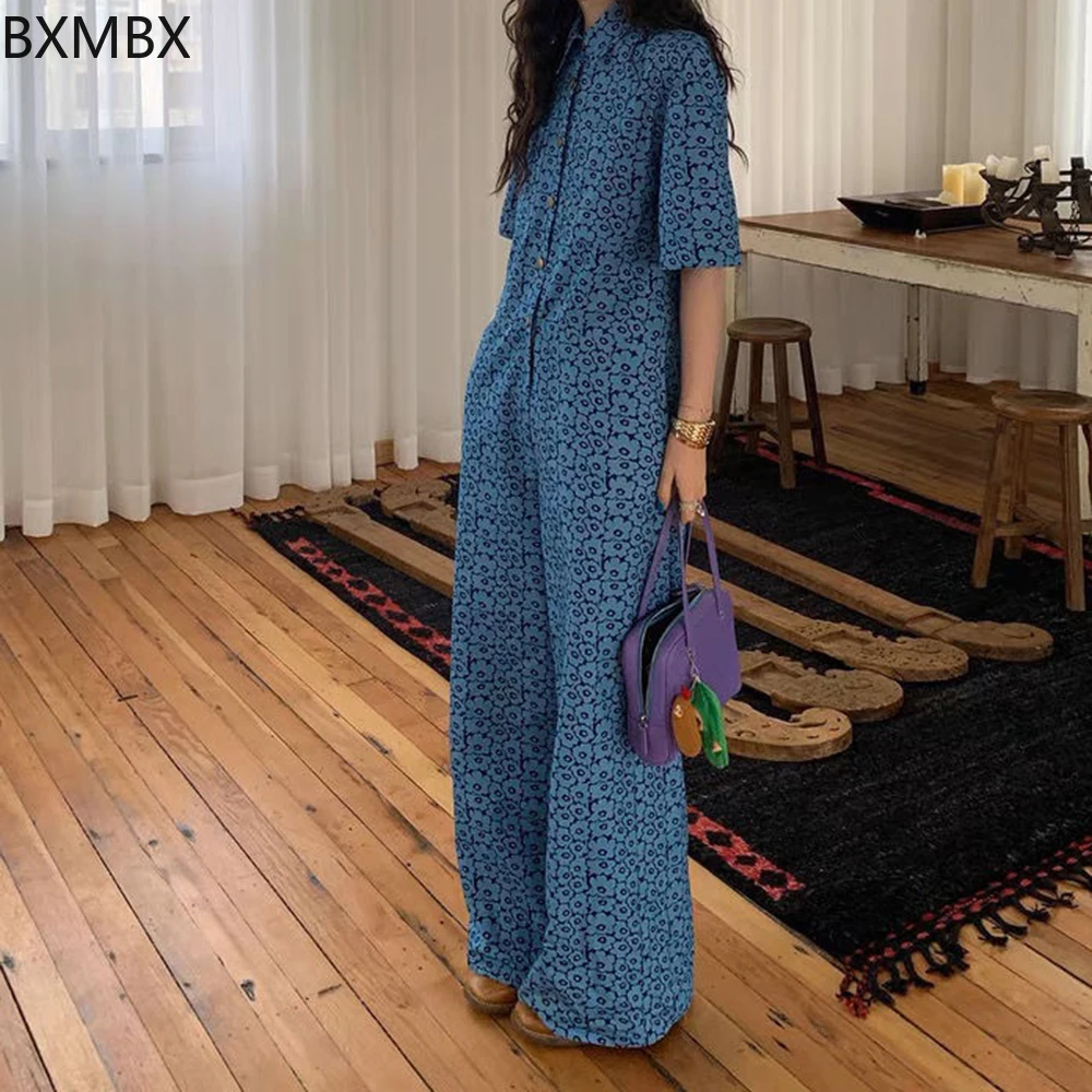

Dongdaemun, South Korea 2025 spring and summer new stacked blue flower print lapel short-sleeved shirt jumpsuit