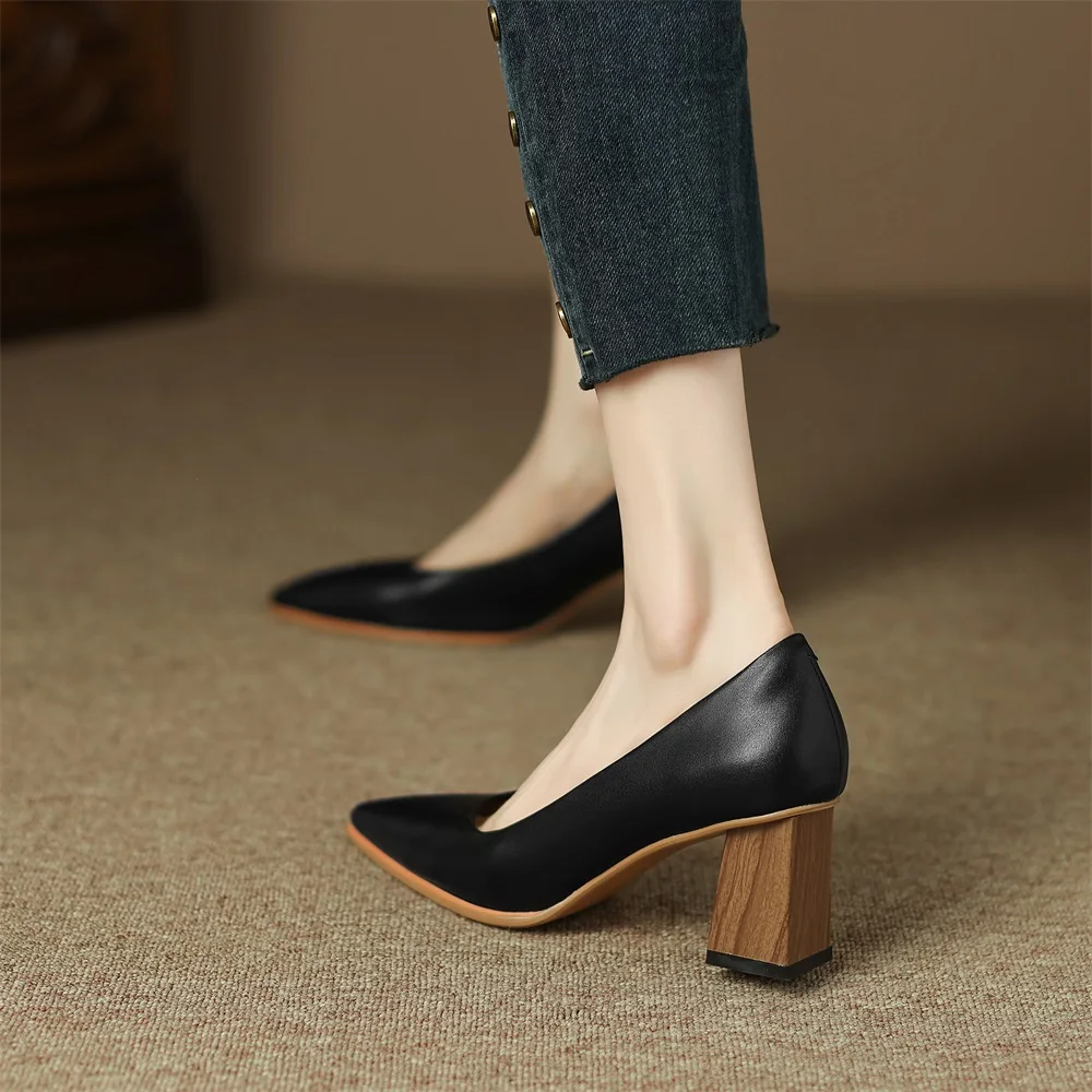 Women\'s Pumps 2022 Autumn New Shoes Elegant Pointed Toe Pu Handmade Office Lady High Heels Footwear Black Size 40