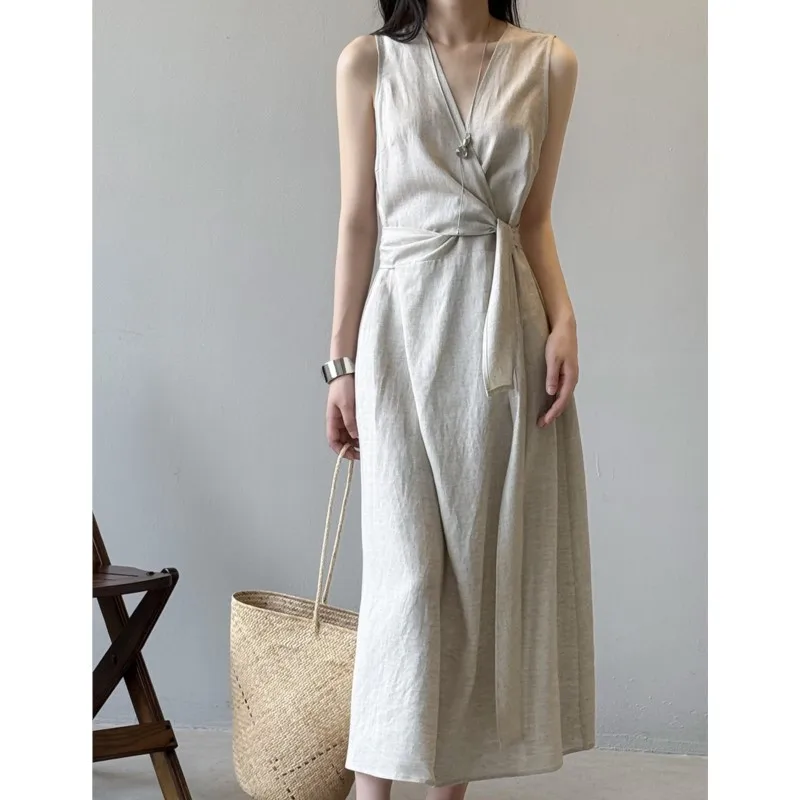 

Johnature French Linen Sleeveless Vest V-neck Dresses 2025 New Summer Korean Fashion Simple Loose Bandage Women Dresses