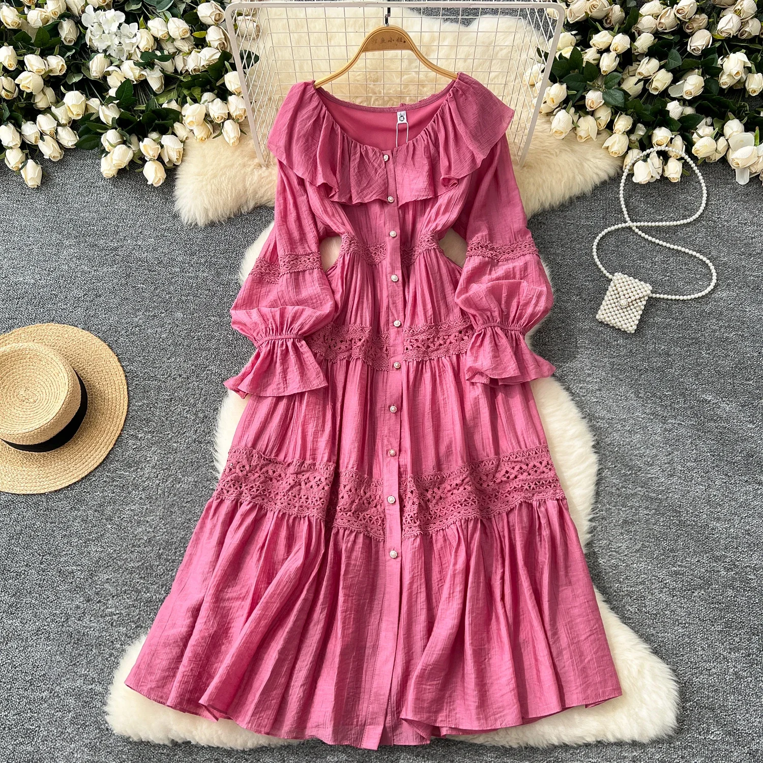 Chic French O-neck Spliced Elegant Ruffle Dress Single Breasted Flare Sleeve Vintage Lace Split Women Autumn Winter Clothing