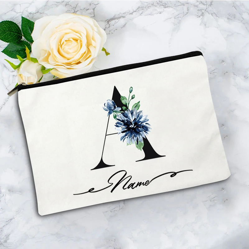 Custom Deep Rose Initial Letter Canvas Pouch, Personalized Botanical Cosmetic Case Portable Travel Toiletry Bag for Women Beauty