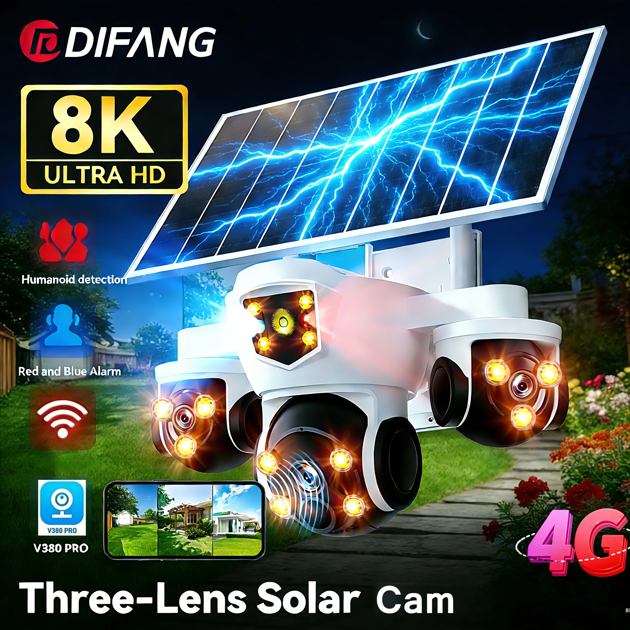 

V380 15MP Wireless WiFi Solar Camera 4G SIM 3-Screens 10X Zoom PTZ Security Cameras Floodlight Alarm CCTV Camera Outdoor