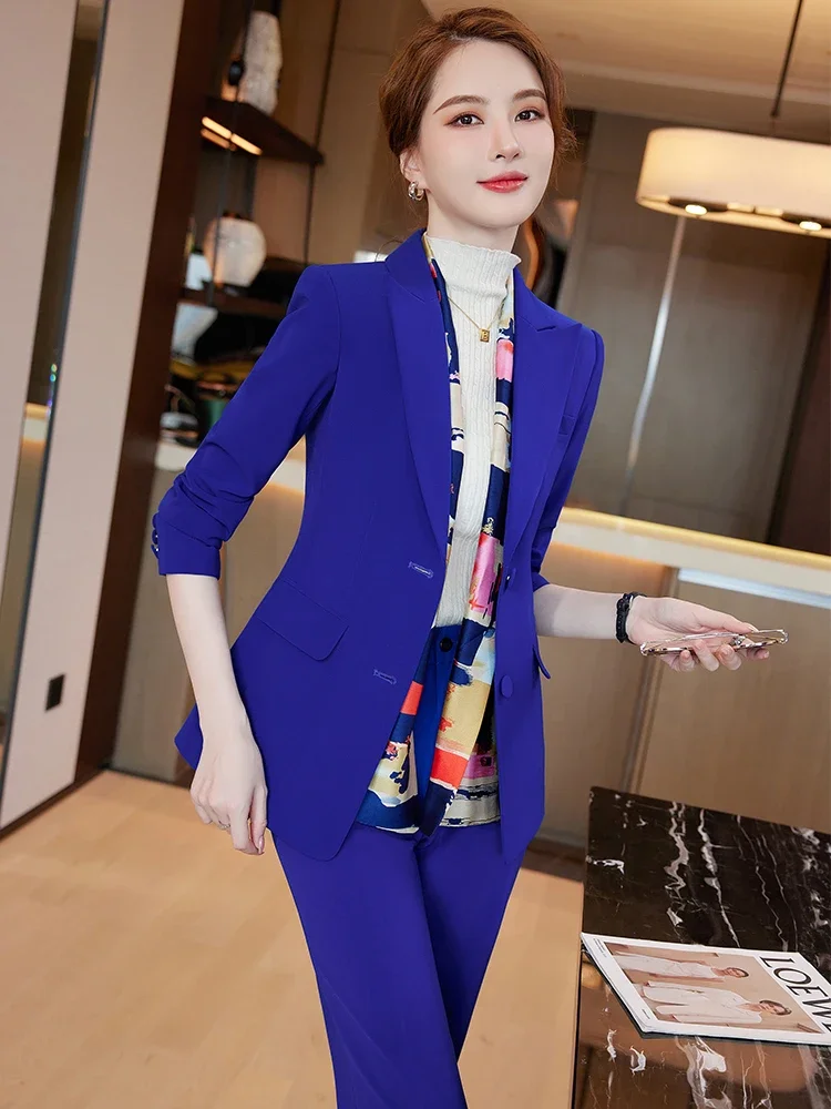 Ladies Women Pant Suit Formal Female 2 Piece Set Red Blue Jacket Office Business Work Wear Single Breasted Blazer+Trouser