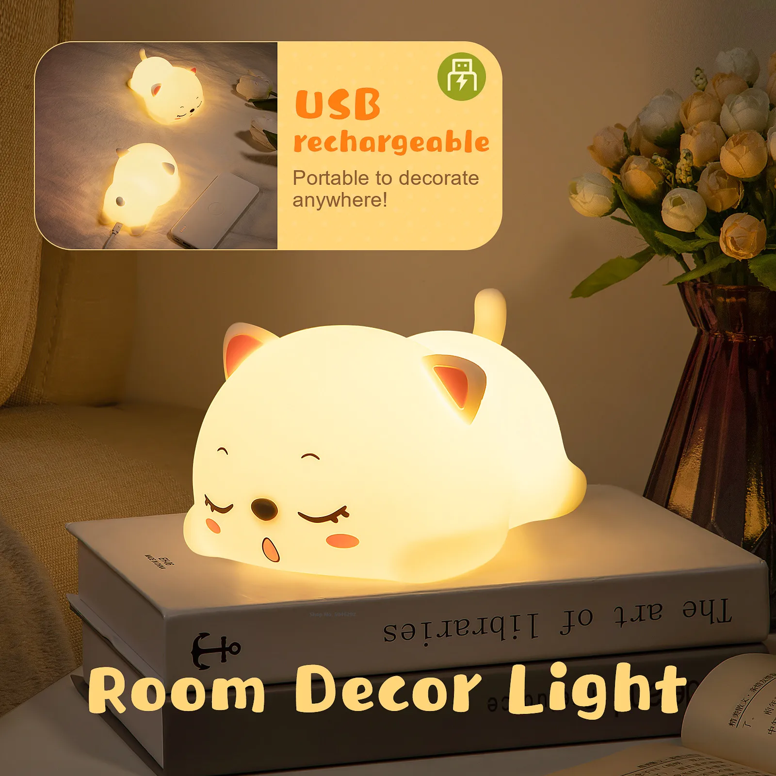 Luz LED nocturna con Sensor táctil para gato, lámpara de noche para dormitorio recargable por USB de silicona colorida con Control remoto, regalo para bebé