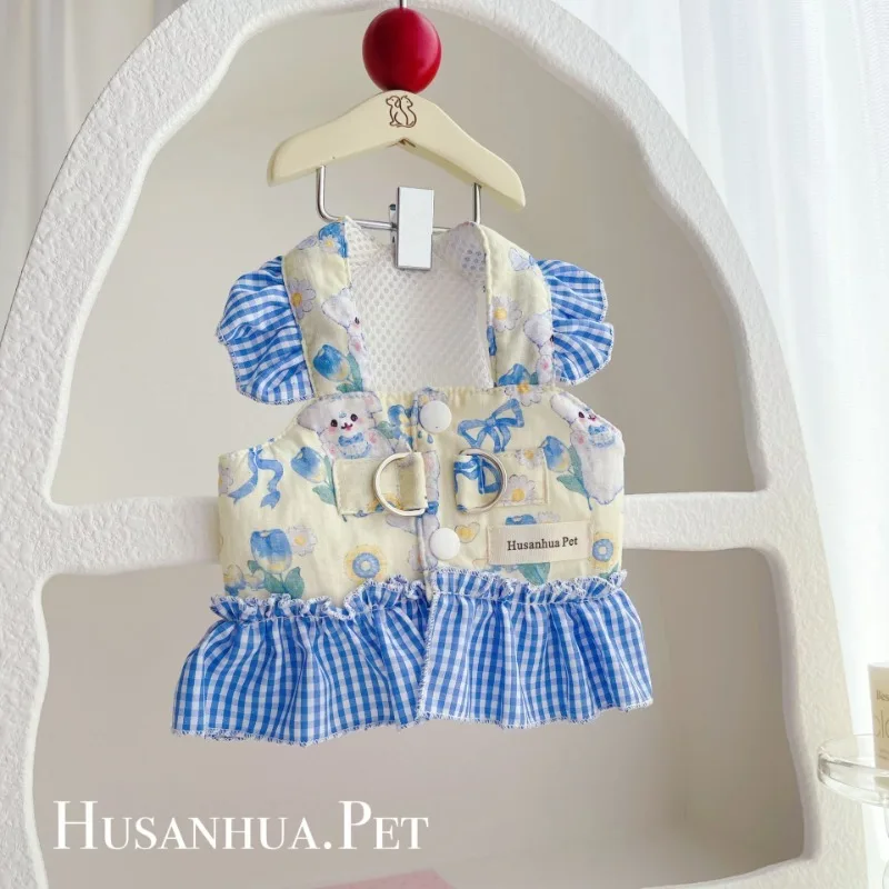 Ins Pet Dog Lace Clothes Summer Cute Oil  Painting Chest And Back Can Pull Teddy Cute Plaid Puppy Out Skirt Pet Puppy Clothing