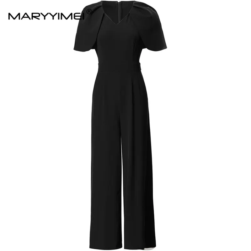 Maryyimei Modeontwerpster Lente Zomer Sexy V-Hals Mantel Mouwen Voor Dames Laken Streetwear Wijde Pijpen Broek Jumpsuit