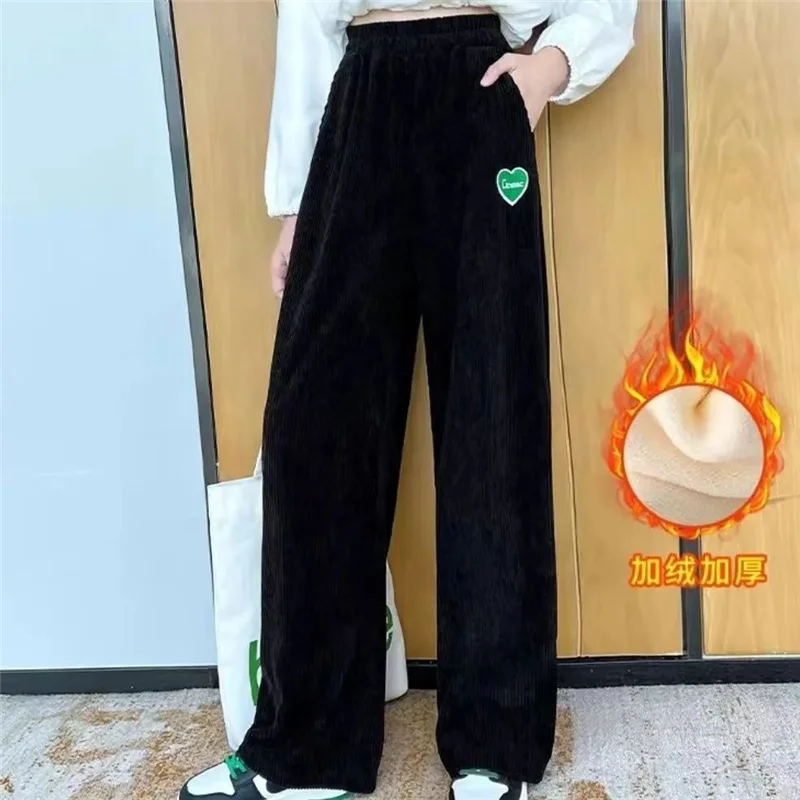 Girls Padded Wide Leg Pants Winter Autumn Big Kids Thick Plus Velvet Warm Trousers Teen Solid Casual Long Pants 5-14 Years