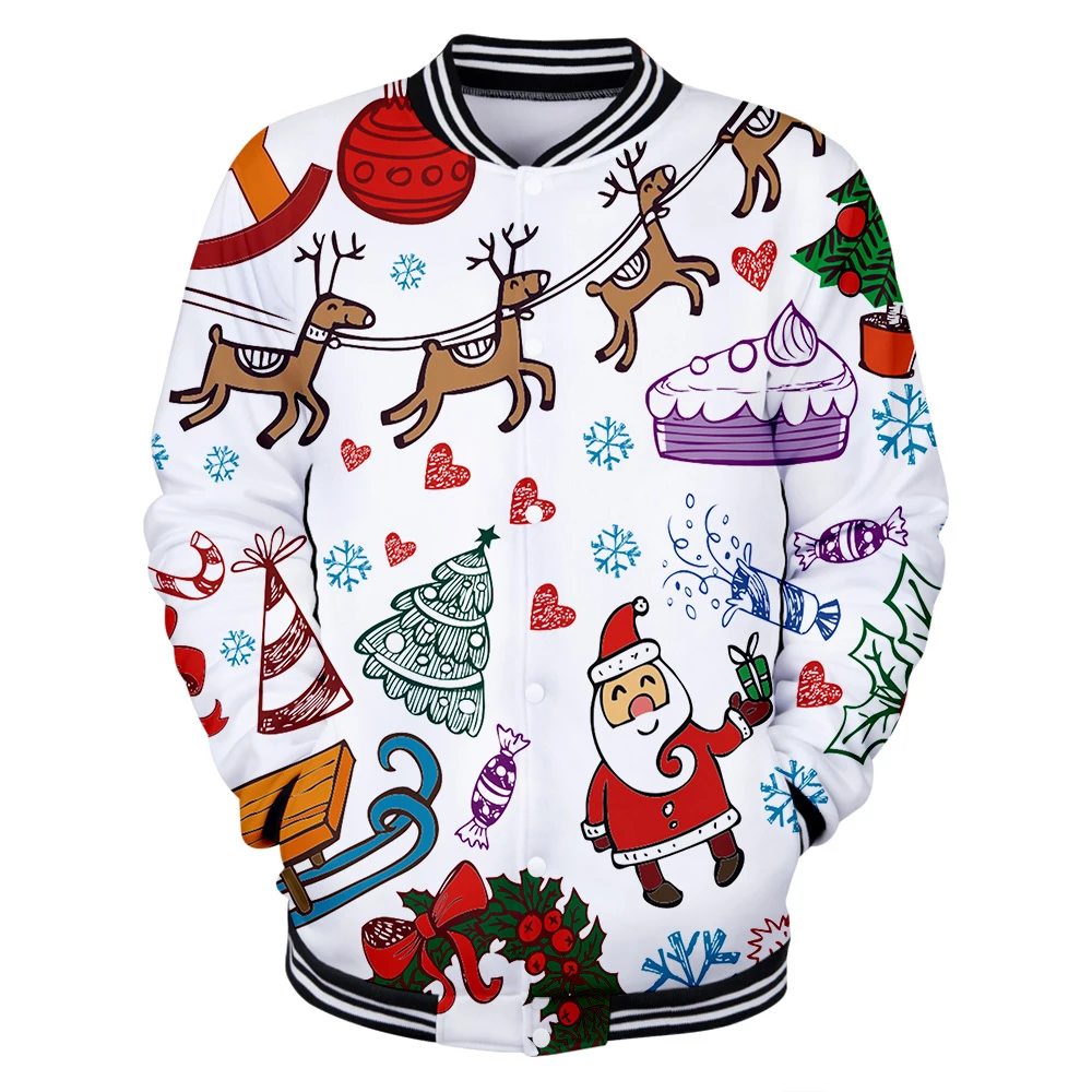 2025 Santa Snowman Reindeer Christmas Jacket Baseball Uniform College Coat Male 3D Bomber Jacket Men Christmas Clothes