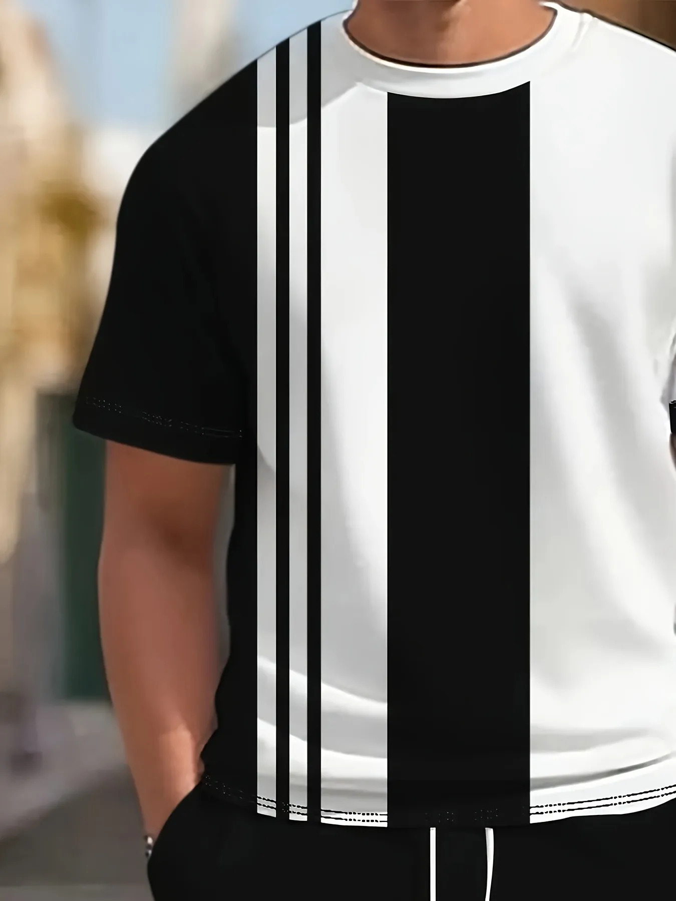2026 Summer New Men's Short-Sleeved Long Pants Set - Street Casual Fashion Comfortable Soft 3D Stripes Pattern Print