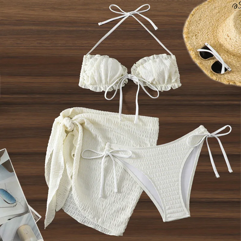 2026 New 3 Pieces Set Swimsuit Women Thong Swimwear Sexy Ruffle Bikini Set With Sarong Mesh Skirt Beachwear Bathing Suit White