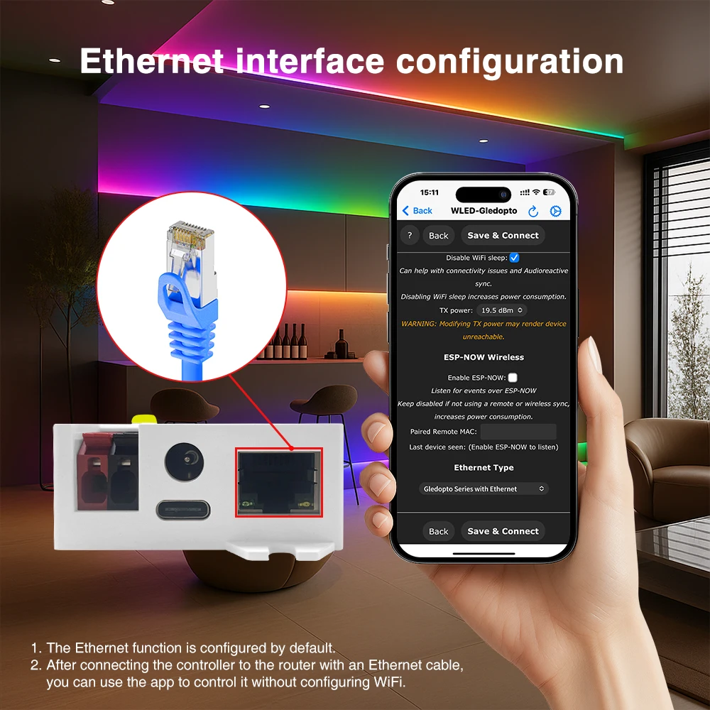 GLEDOPTO Elite ESP32 WLED LED Strip Light Controller with Ethernet, Music Sync, Relay, 20A Fuse for WS2812B WS2815 SK6812 RGB IC