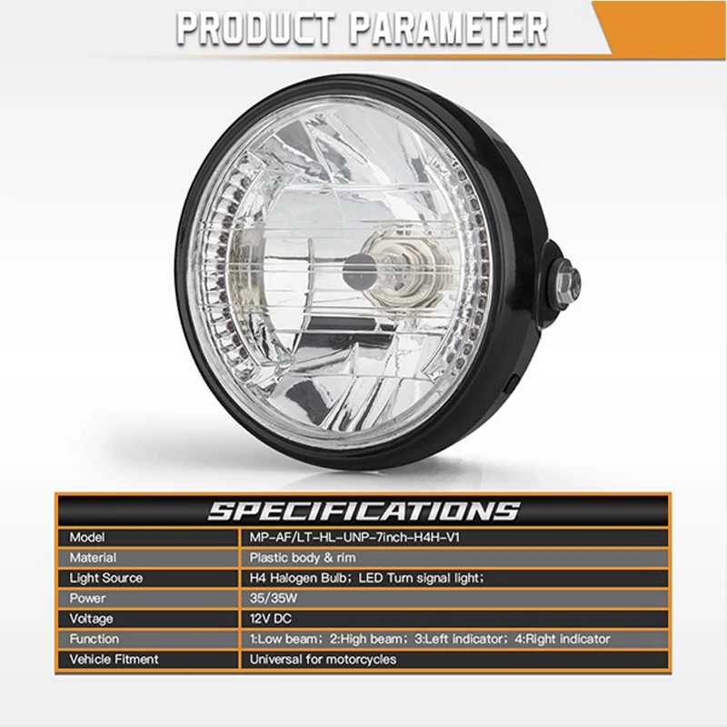 7Inch H4 Halogen Motorcycle Round Headlight with 9Wires High Brightness With Good-quaility Bracket For Harley Cafe Racer