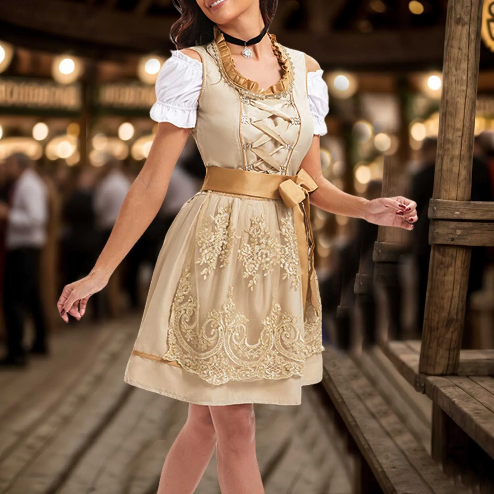 Disfraz de Octoberfest de Bávaro para mujer, traje de Oktoberfest Dirndl, vestido de encaje con lazo de cerveza alemana, Cosplay de carnaval, vestido de fiesta de Halloween