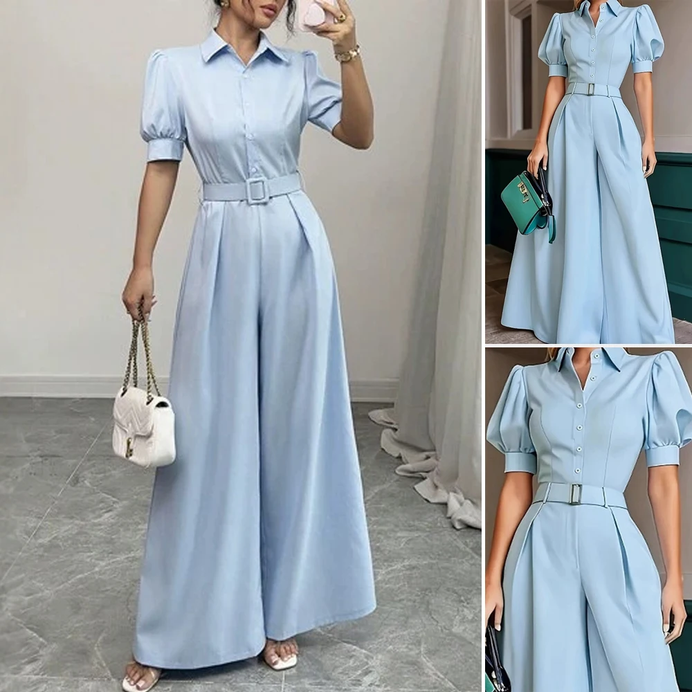 

MiaMuse Boutique, летние комбинезоны 2025, женские K-модные однотонные комбинезоны с короткими рукавами и воротником рубашки, полная длина, широкие рабочие комбинезоны