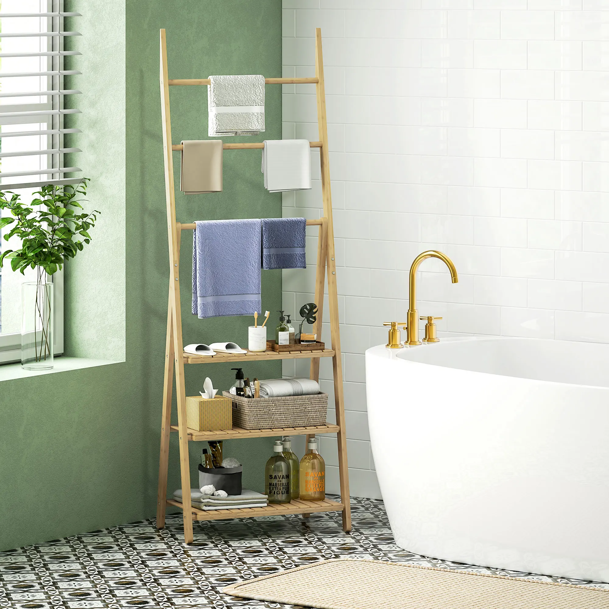 HOMCOM Scaffale pieghevole in bambù a 3 livelli per bagno, porta salviette, espositore per piante da soggiorno, sala da pranzo, balcone, 53,5x30x cm, effetto naturale