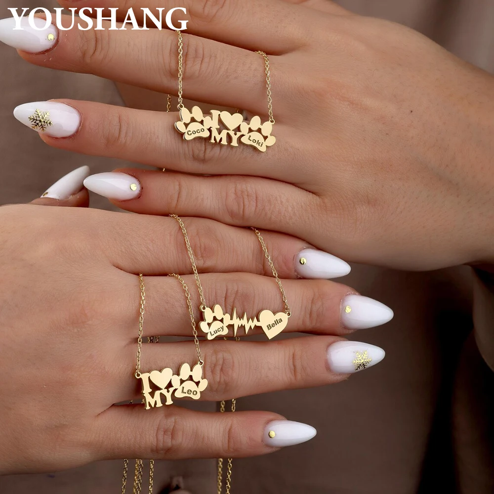 

YOUSHANG Custom Dog Paw Name Necklace Personalized Stainless Steel Jewelry Pet Memorial Gift