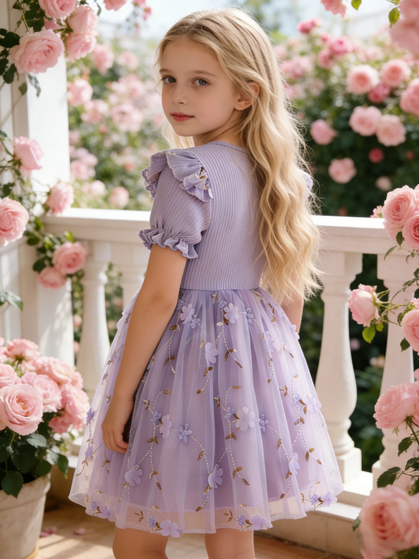 Ins Style Girls Dress, Ribbed Flutter Sleeve Top + Gold Thread Cherry Blossom Tulle Skirt