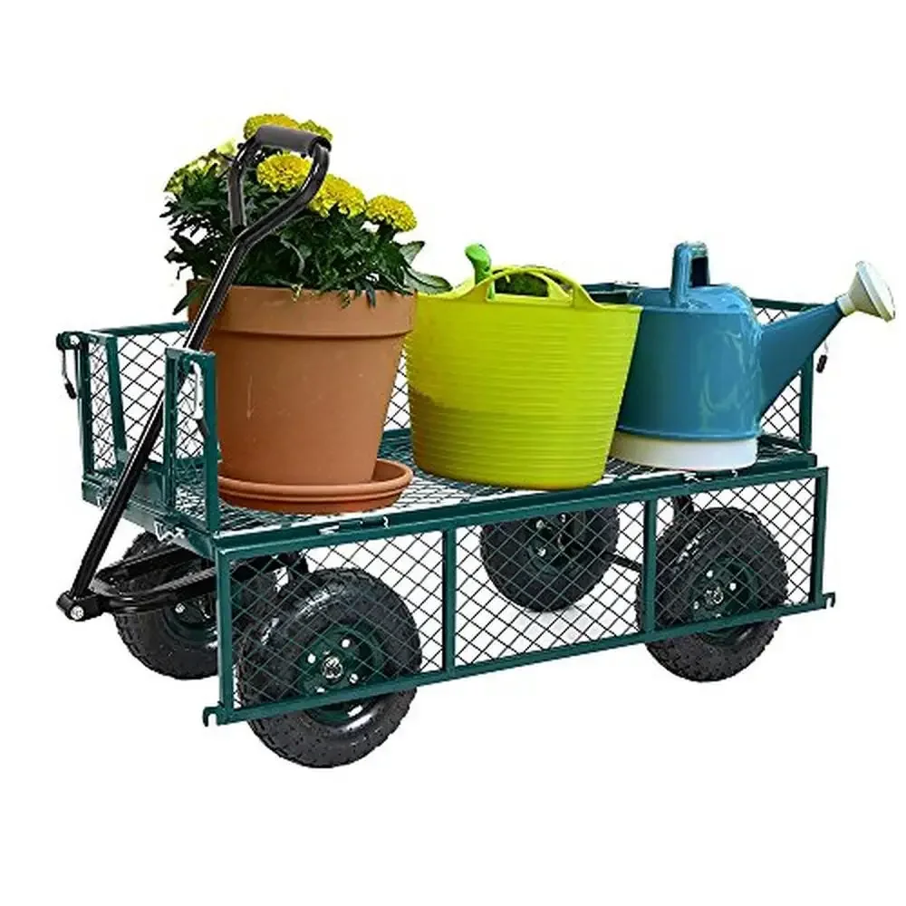 Heavy Duty Utility Wagon with Folding Sides 550 Lb Load Capacity Garden Farm Steel Mesh Cart Easy Assembly and Maneuverability