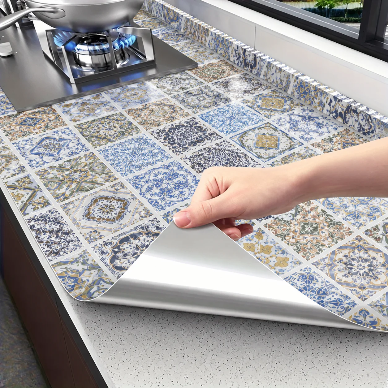 Retro Ethnic Floral Tile Vinyl Wallpaper Waterproof Oil Resistant Kitchen Stove Countertop Decorative Protective Sticker.