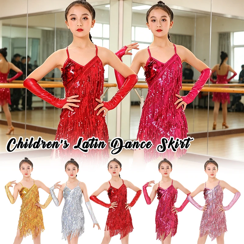 

Kids Latin Jazz Dance Dress Sparkly Sequins Tassel Dress Girls Ballroom Dance Competition Practice Stage Performance Costume