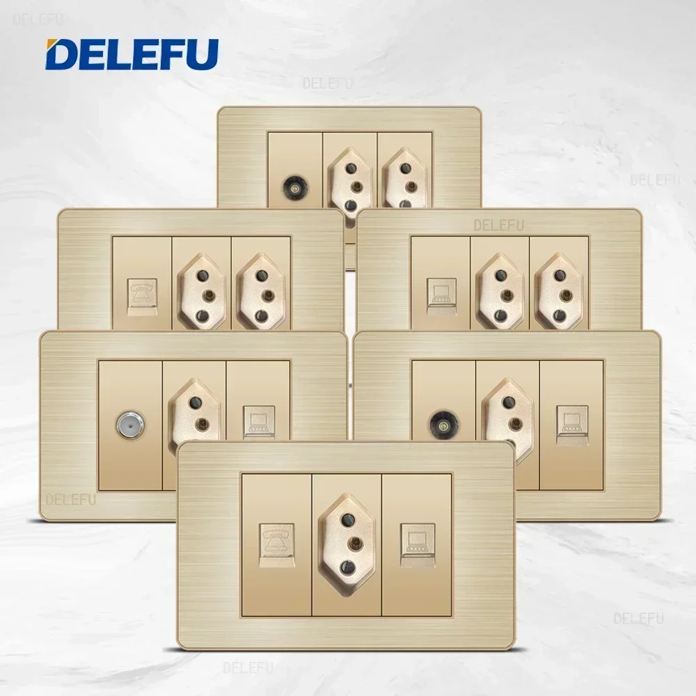 DELEFU 4*2 Stainless steel panel gold Brazilian standard 118*74mm CAT6 Computer TV Tel satellite wall socket