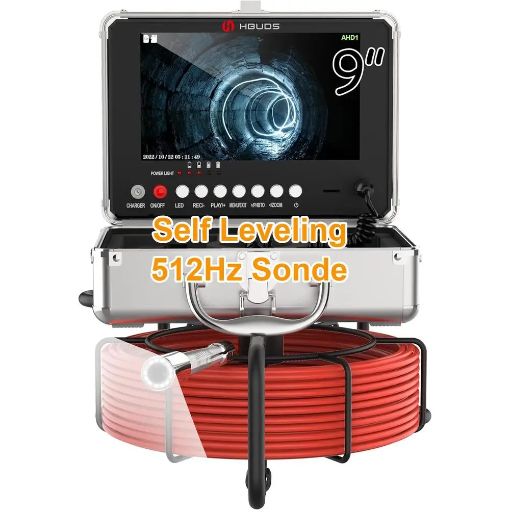 Self-Leveling Sewer Camera 512hz Sonde 100ft 9'' 1080P HD Drain Plumbing Inspection Snake w/ Light IP68 Waterproof Screen DVR SD