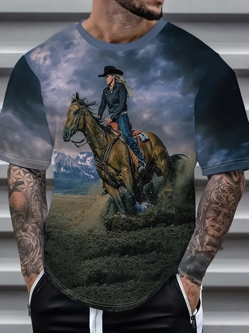

Мужская футболка больших размеров с 3D джинсовым принтом в стиле вестерн с короткими рукавами, свободная и повседневная, мягкая, удобная и дышащая, для занятий спортом на открытом воздухе