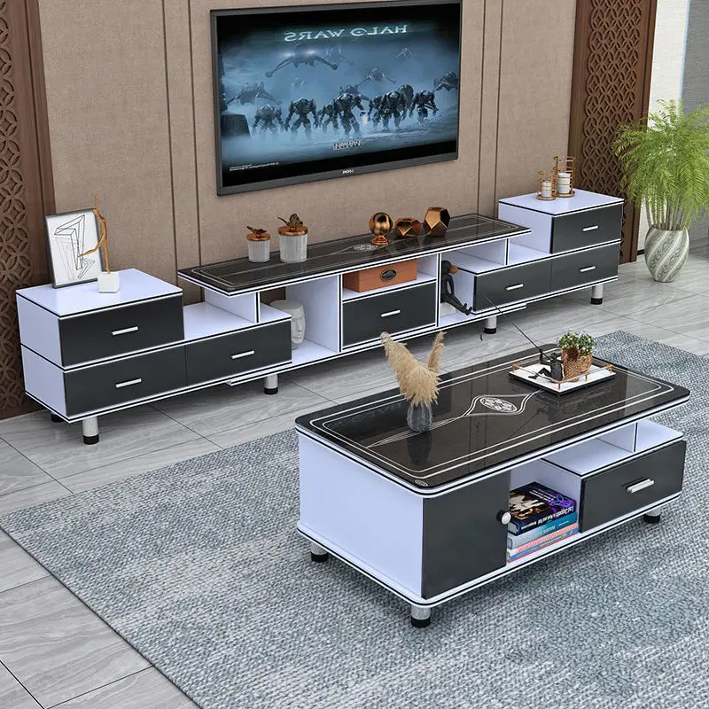 Living room TV cabinet coffee table combination simple modern tempered glass TV cabinet telescopic multi-functional floor