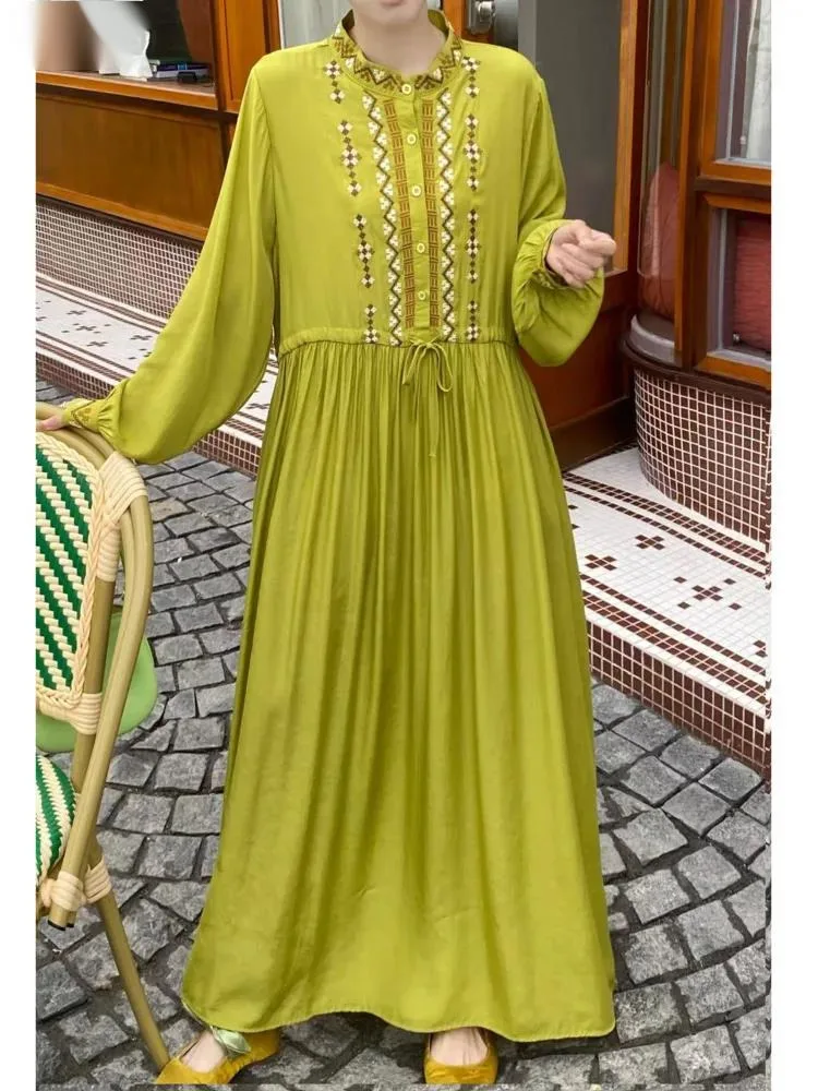 

Vintage Embroidery Long Vacation Light Green Dress O Neck Big Size Red Robe autumn Drawstring beautiful clothing
