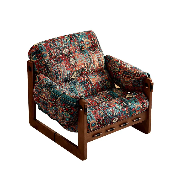 Ancient leather sofa chair in the living room Leisure lazy chair Solid wood retro reclining chair