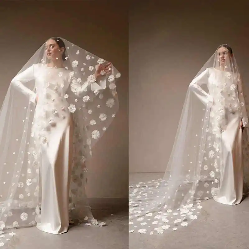 

Wedding Veils Luxurious 3D Flowers Long Cathedral Length One Layer Custom Made Bridal Veil Accessories Customized
