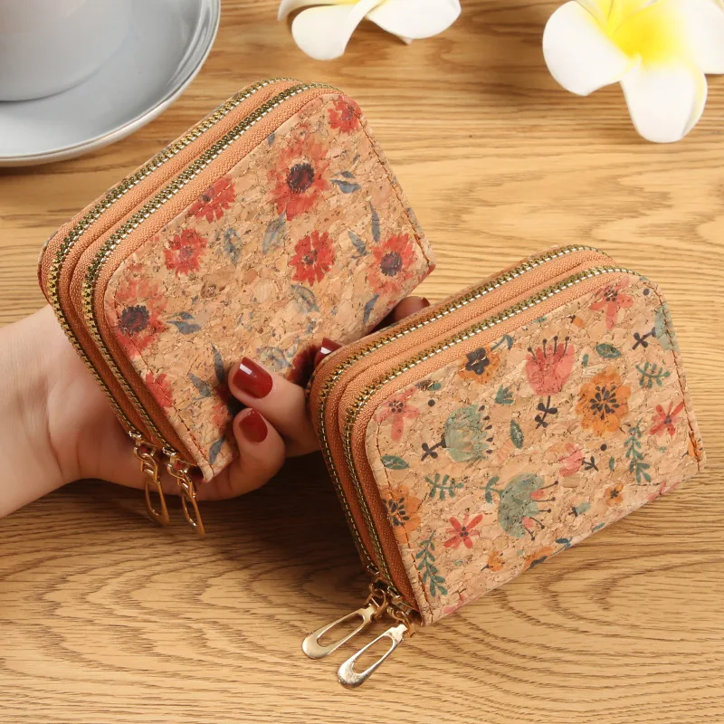 New Women Card Holder Short Walet vintage cork print leather Clutch Bag large capacity portable card bag Short double zip wallet