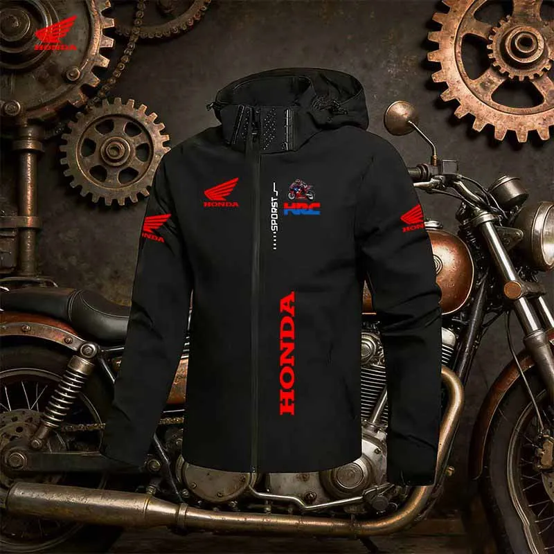 Honda motorcycle racing jacket, men's model with a hood, windproof and waterproof coat, featuring a detachable hood and zipper c