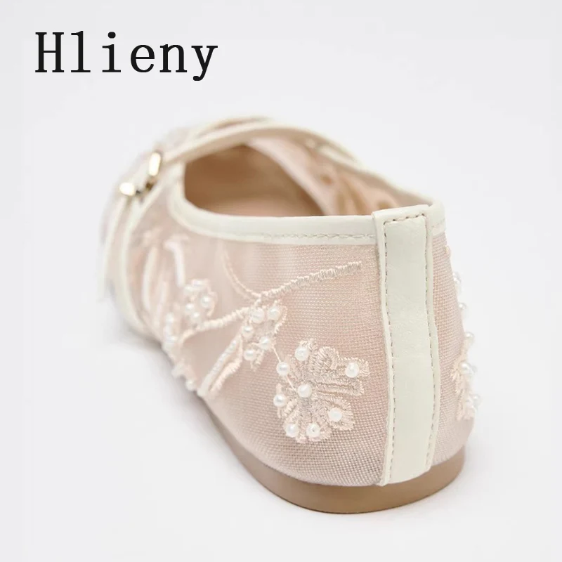 Hlieny Woman Design Embroidery Flowers Pearl Mesh Round Tor Buckle Strap Ballet Flats Loafers Ladies Mary Jane Shoe Mules Sandal image 4