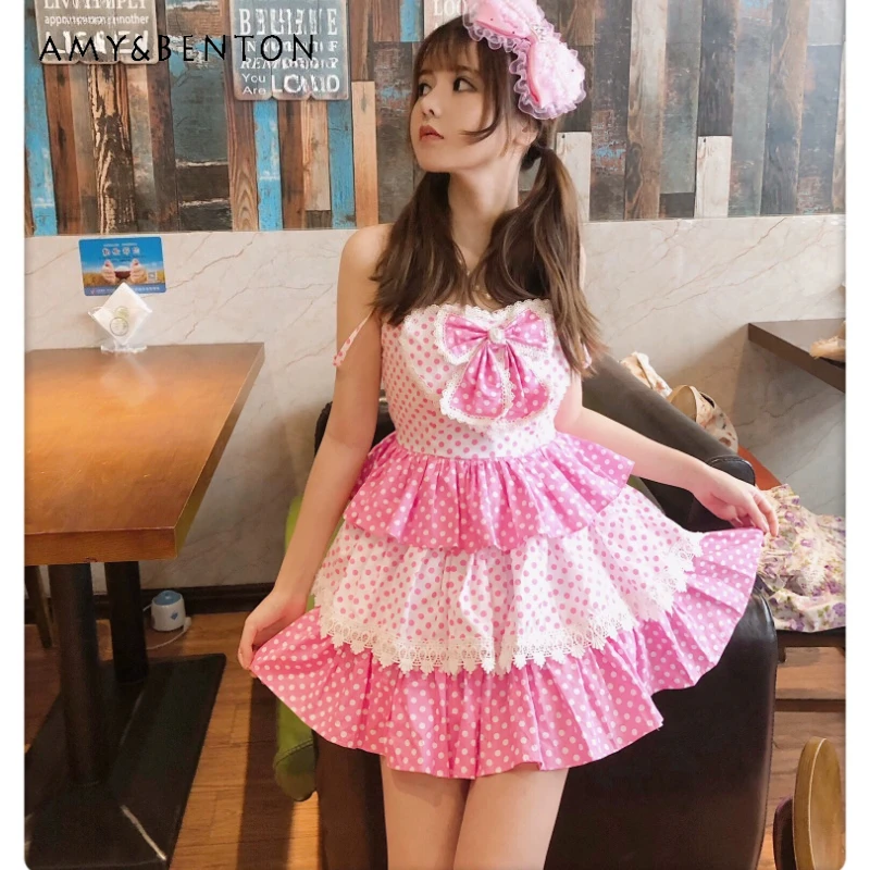 

Japanese Design Sweet Pink Polka Dot Women's Princess Dress 2026 Summer New Ruffle Edge Cute Lolita Bow Sling Dresses Ladies