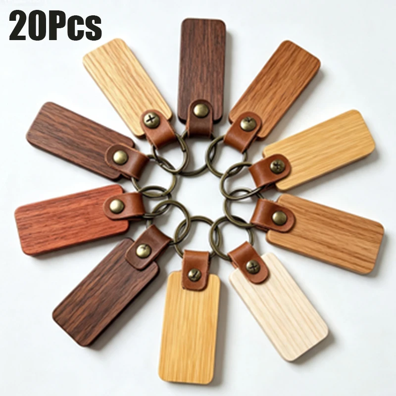 20Pcs Vintage Leather Strap Wood Key Chain Metal Split Key Ring