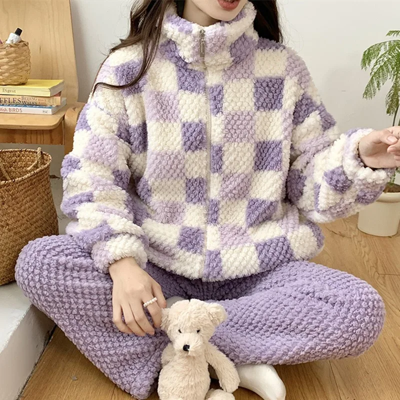 

Thick Coral Fleece Pajamas Women Casual Simple INS Warm Long Sleeve Flannel Home Clothes Set Winter Season Comfortable Sleepwear