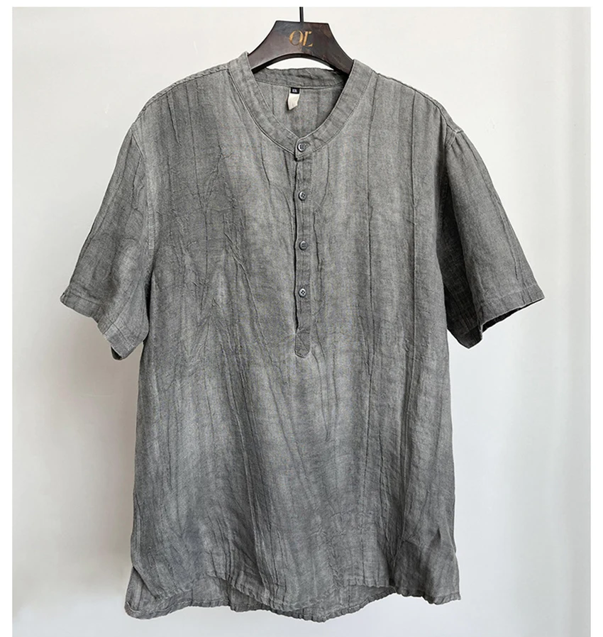 

Summer Men Linen T-shirt Round Neck Button Solid Color Short Sleeved Top French Casual Fashion High Street Male Tees