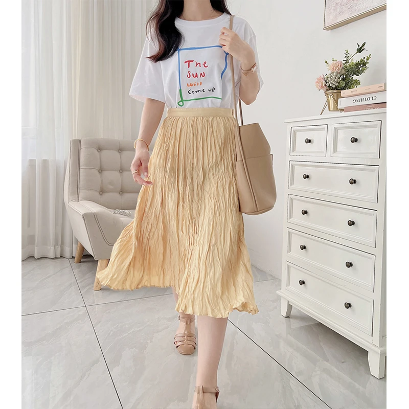 

Юбка А-силуэта с эффектом жатой бумаги, с завышенной талией, повседневная, из хлопковой ткани, подходит для работы и повседневной носки