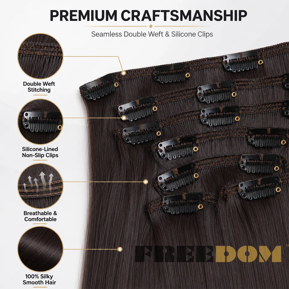 FREEDOM Synthetische Clip-In-Haarverlängerungen, 7 Stück/Set, 18"-22" Zoll, lange, glatte, Ombré-braune und blonde Haarstücke für den täglichen Gebrauch von Frauen. – Detail 10