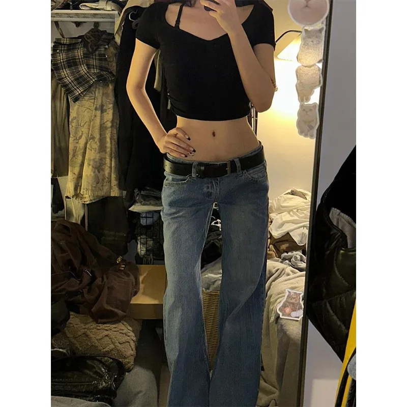 Vintage Y2k Flaredกางเกงยีนส์ผู้หญิงRetroปุ่มLow Rise Casual DenimกางเกงHarajuku 2000S AestheticกางเกงBasicกางเกงยีนส์ฤดูร้อน
