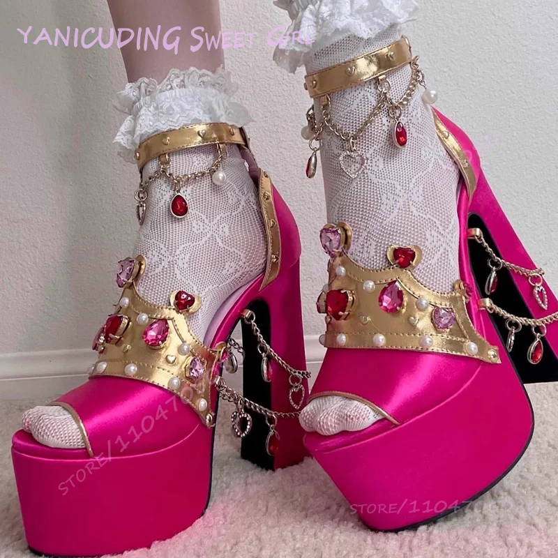 

Pink Silk Satin Gold Crown Sandals Girls Cute Party Platform Crystal Diamond Heels Thick Heels Rose Red Hollow Open Dance Shoes